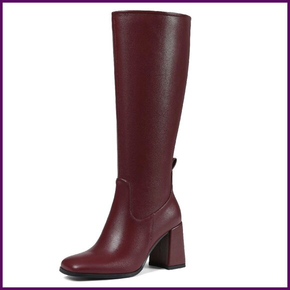 Women's Knee High Boots Square Toe Chunky Block Heel Side Zipper